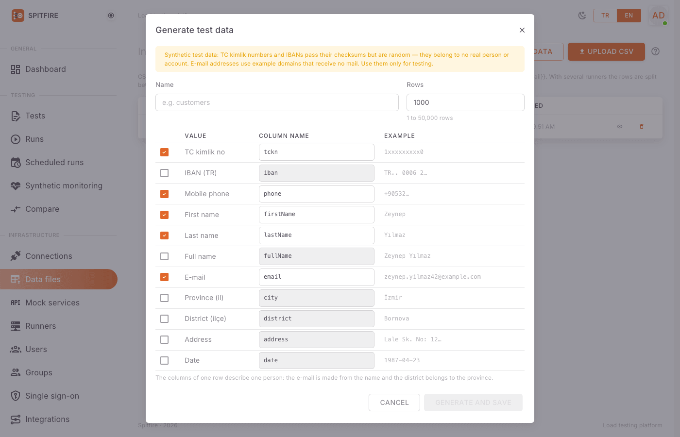 Generate test data dialog