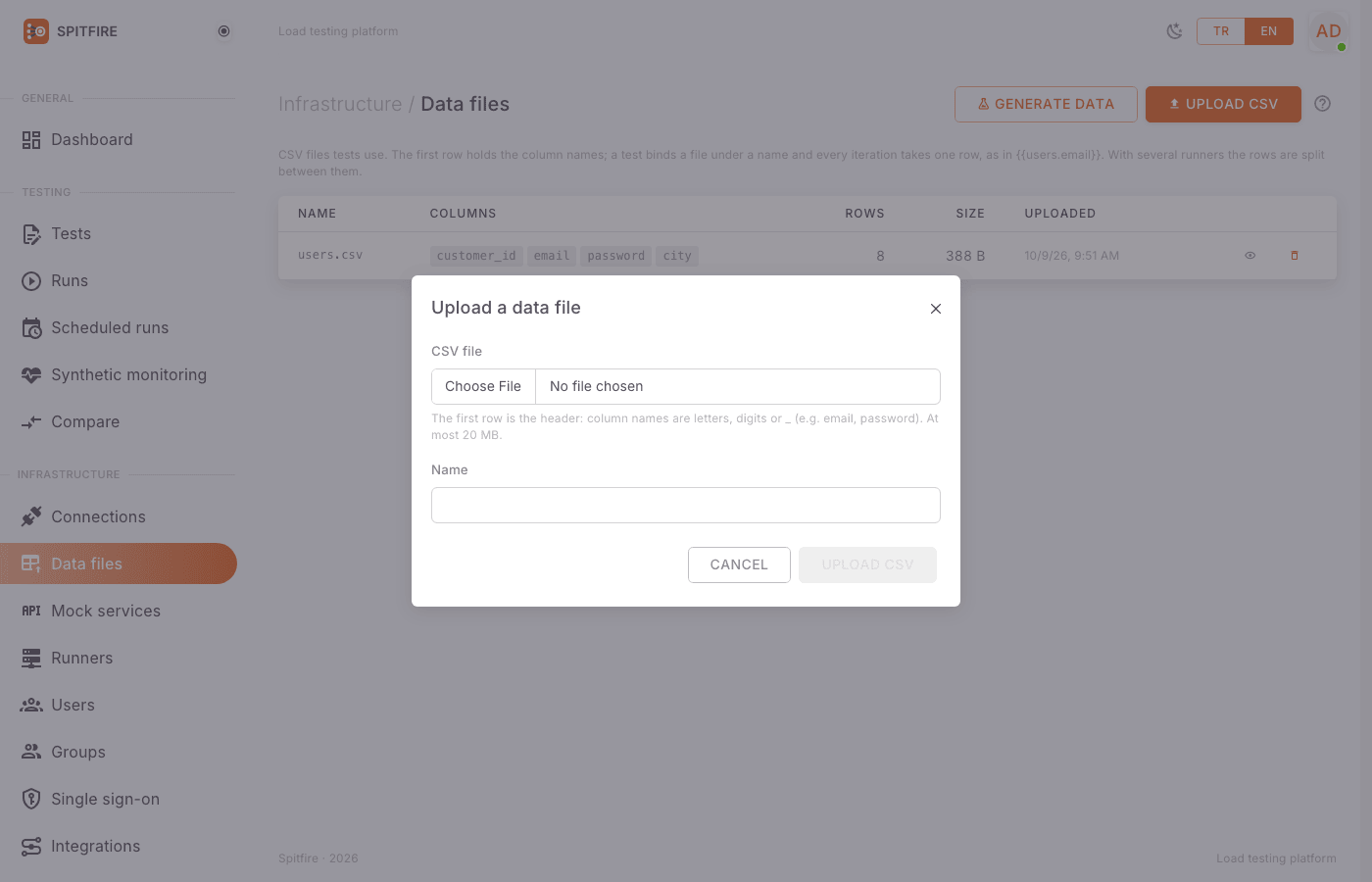 Upload a data file dialog