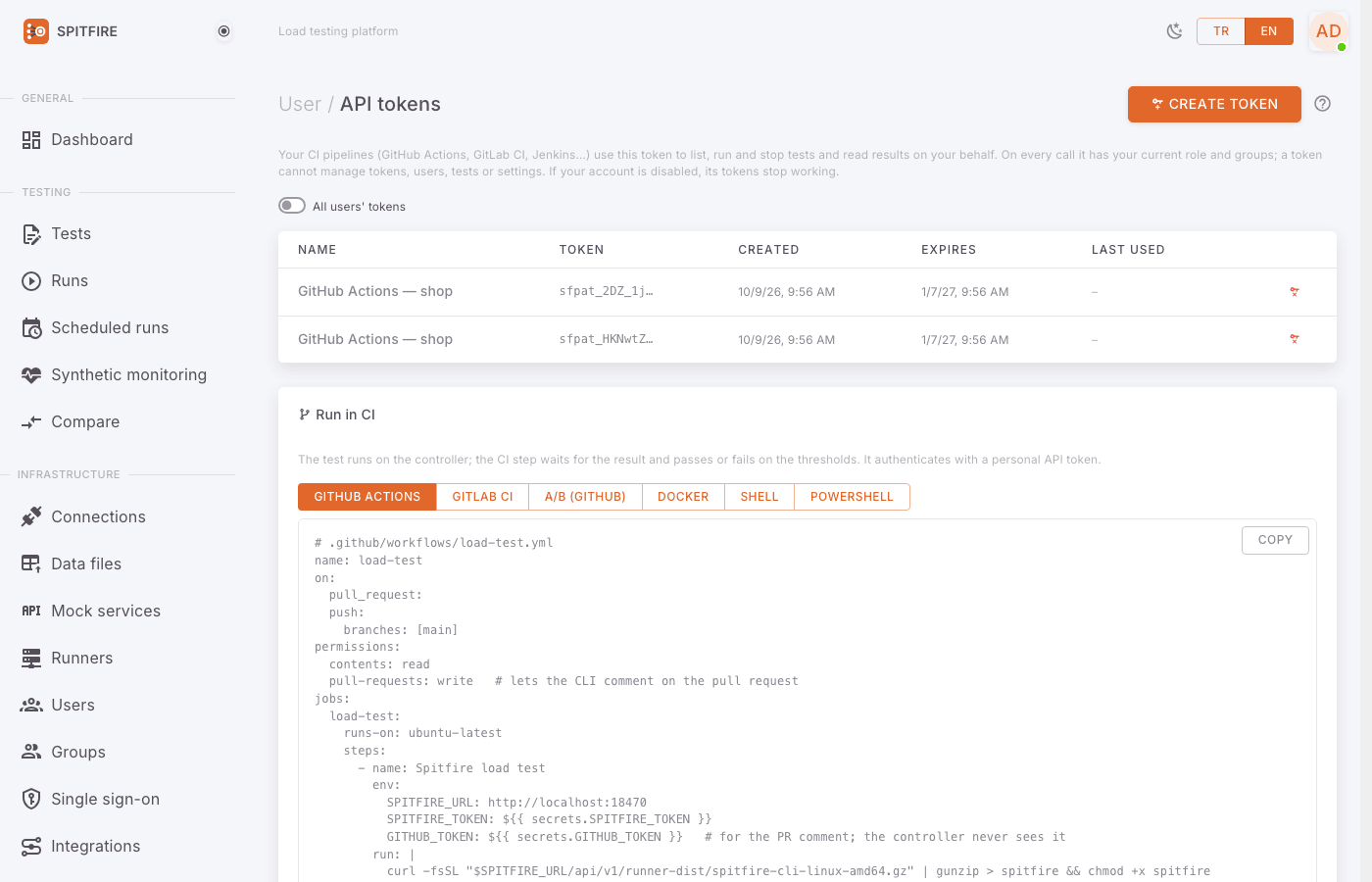 API tokens page