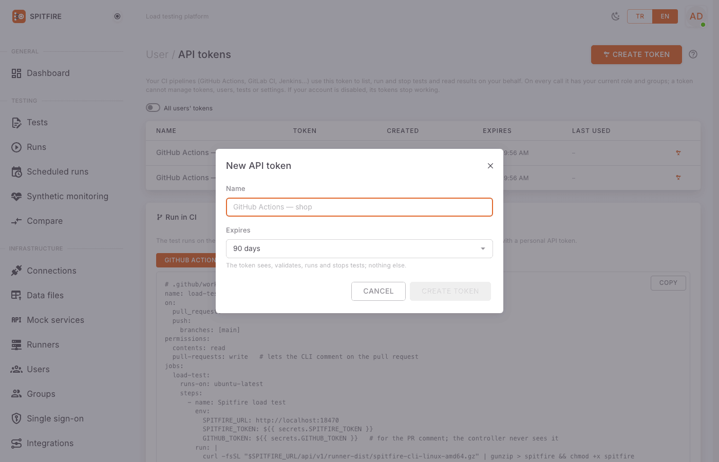 New API token dialog