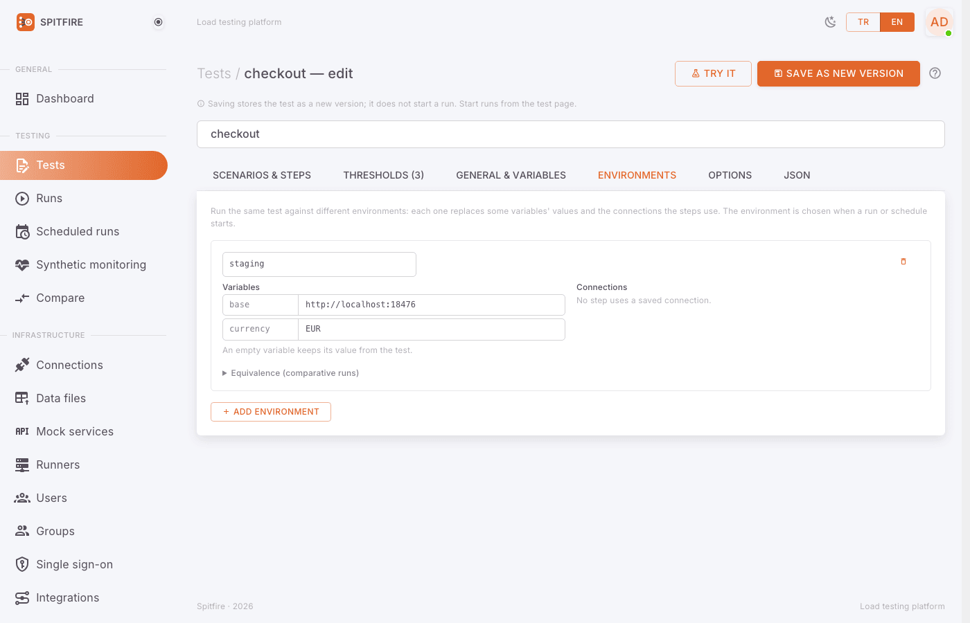 Environments tab