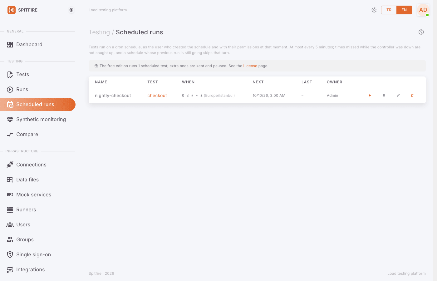 Scheduled runs page