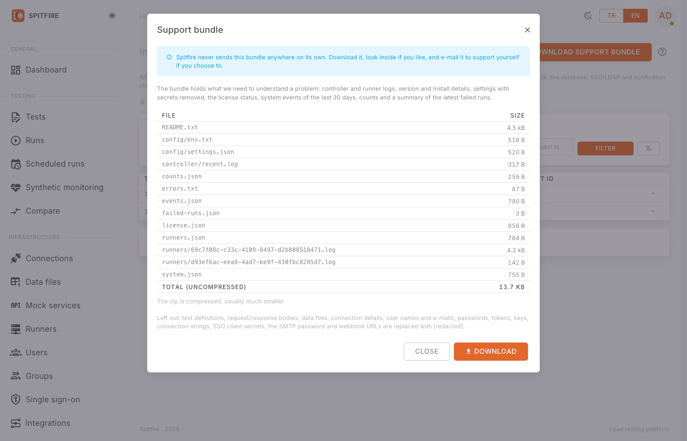 Support bundle dialog
